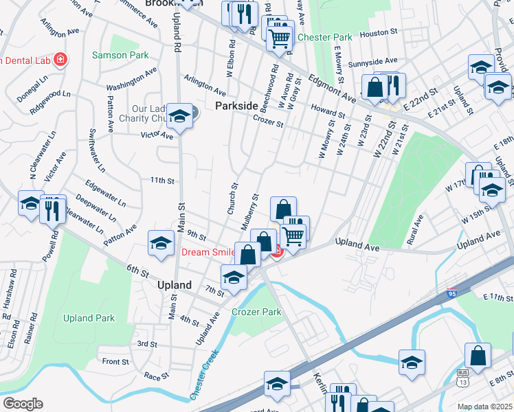 map of restaurants, bars, coffee shops, grocery stores, and more near 1107 Mulberry Street in Brookhaven