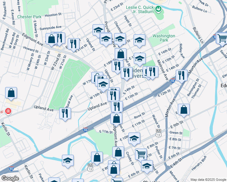 map of restaurants, bars, coffee shops, grocery stores, and more near 1416 Upland Street in Chester