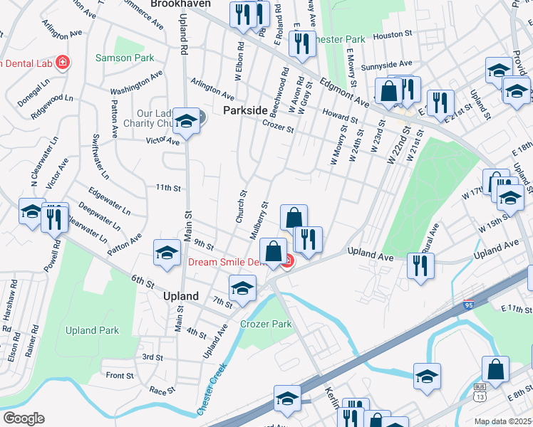 map of restaurants, bars, coffee shops, grocery stores, and more near 1107 Mulberry Street in Brookhaven