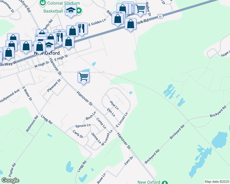 map of restaurants, bars, coffee shops, grocery stores, and more near 2 Cherry Court in New Oxford