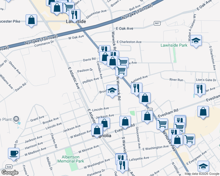 map of restaurants, bars, coffee shops, grocery stores, and more near 107 Brooke Avenue in Magnolia