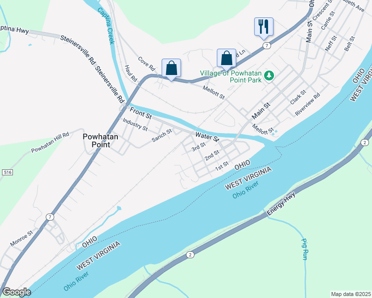 map of restaurants, bars, coffee shops, grocery stores, and more near 119 3rd St in Powhatan Point