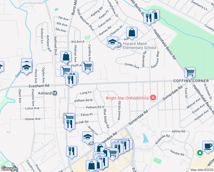 map of restaurants, bars, coffee shops, grocery stores, and more near 109 East Evesham Road in Voorhees Township