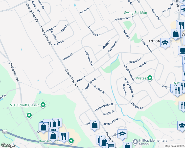 map of restaurants, bars, coffee shops, grocery stores, and more near 551 Weir Road in Village Green