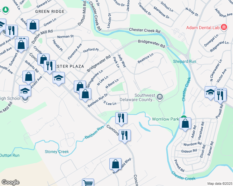 map of restaurants, bars, coffee shops, grocery stores, and more near 2208 South Bent Lane in Aston