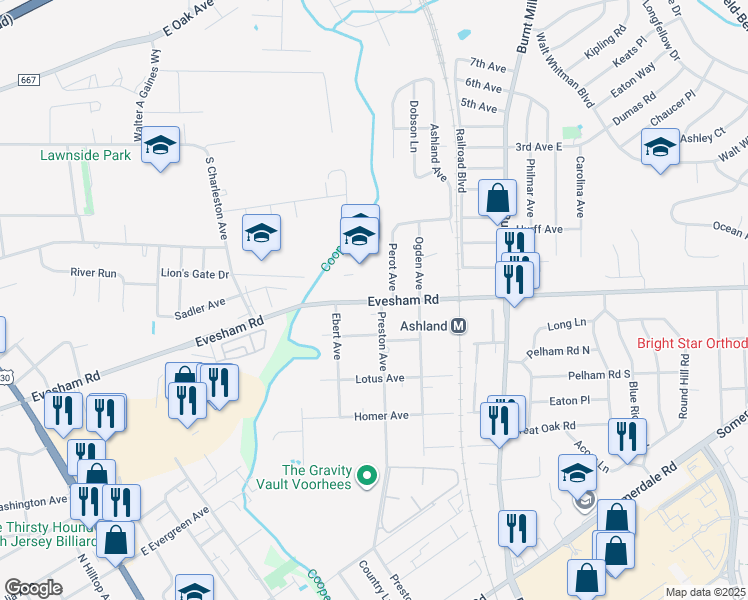 map of restaurants, bars, coffee shops, grocery stores, and more near 210 West Evesham Road, Evesham Road West in Cherry Hill