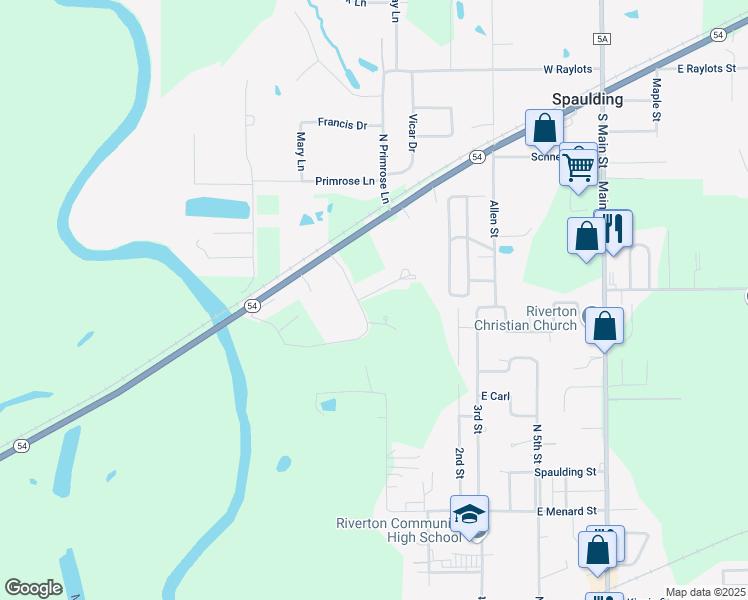 map of restaurants, bars, coffee shops, grocery stores, and more near 3901-5599 400 North in Spaulding