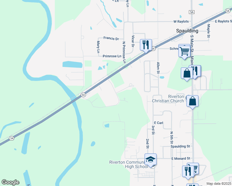 map of restaurants, bars, coffee shops, grocery stores, and more near 3901 400 North in Spaulding