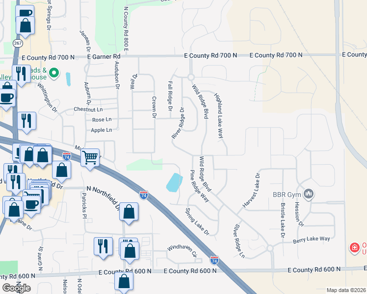 map of restaurants, bars, coffee shops, grocery stores, and more near 1149 River Ridge Drive in Brownsburg