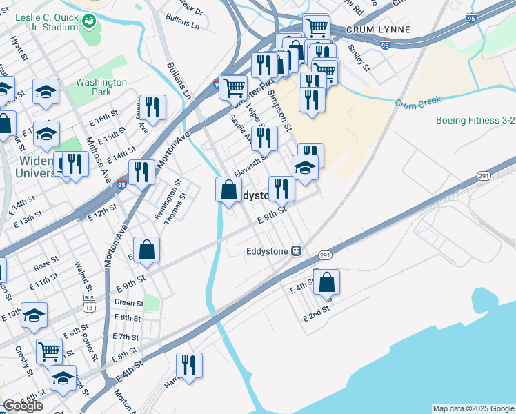 map of restaurants, bars, coffee shops, grocery stores, and more near 1300 9th Street in Crum Lynne