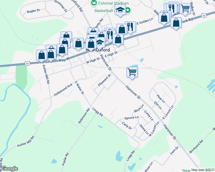 map of restaurants, bars, coffee shops, grocery stores, and more near 14 Sunset Avenue in New Oxford