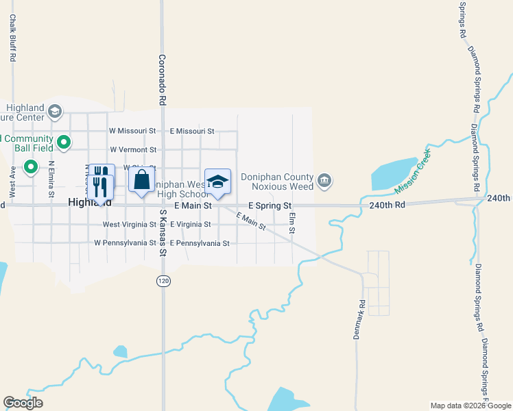 map of restaurants, bars, coffee shops, grocery stores, and more near 653 East Spring Street in Highland