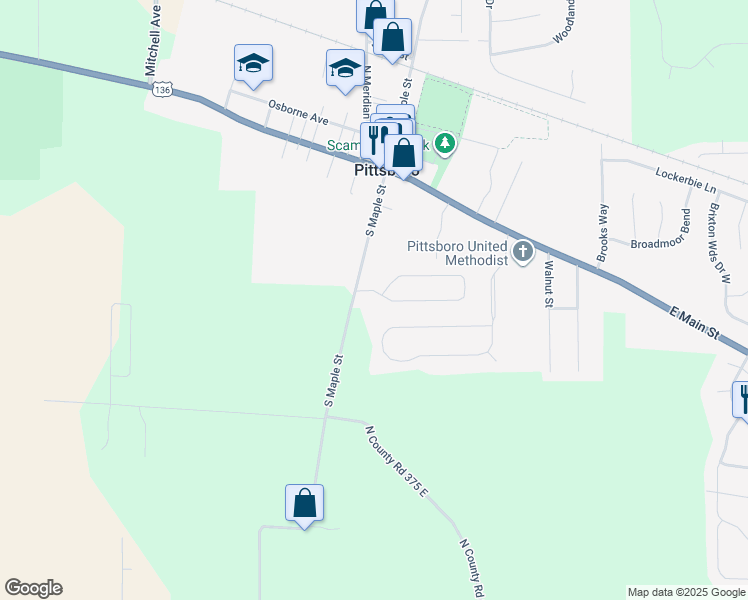 map of restaurants, bars, coffee shops, grocery stores, and more near 235 South Woodridge Drive in Pittsboro