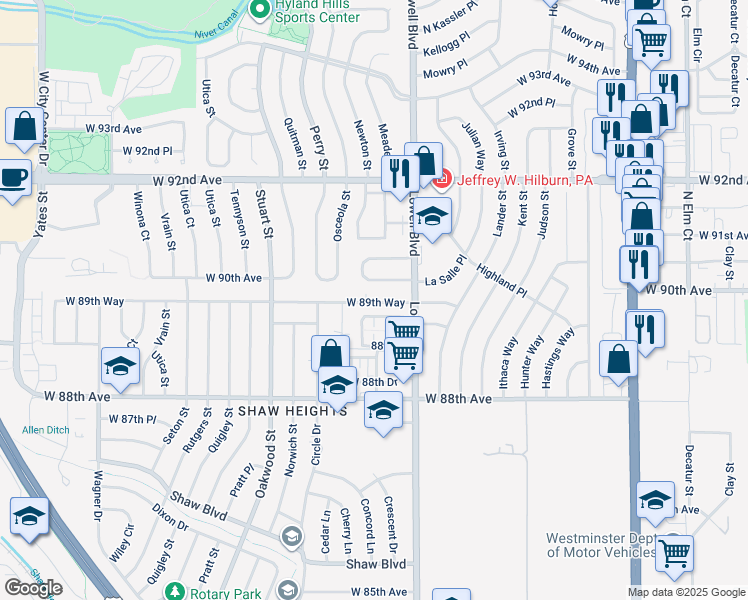 map of restaurants, bars, coffee shops, grocery stores, and more near 3743 West 89th Way in Westminster