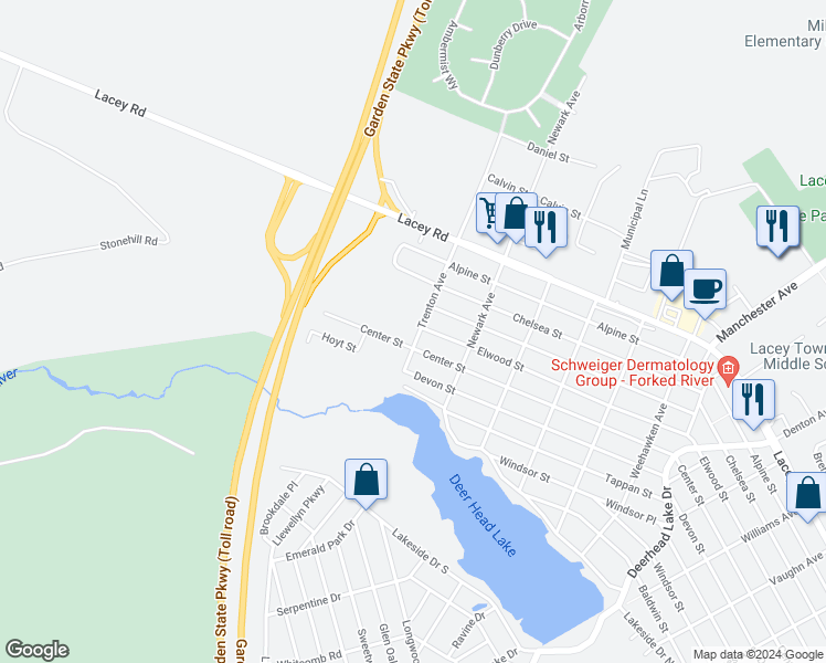 map of restaurants, bars, coffee shops, grocery stores, and more near 1032 Trenton Avenue in Lacey Township