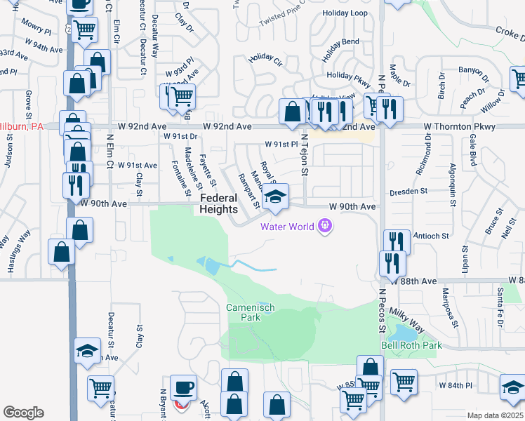 map of restaurants, bars, coffee shops, grocery stores, and more near 2235 West 90th Avenue in Federal Heights