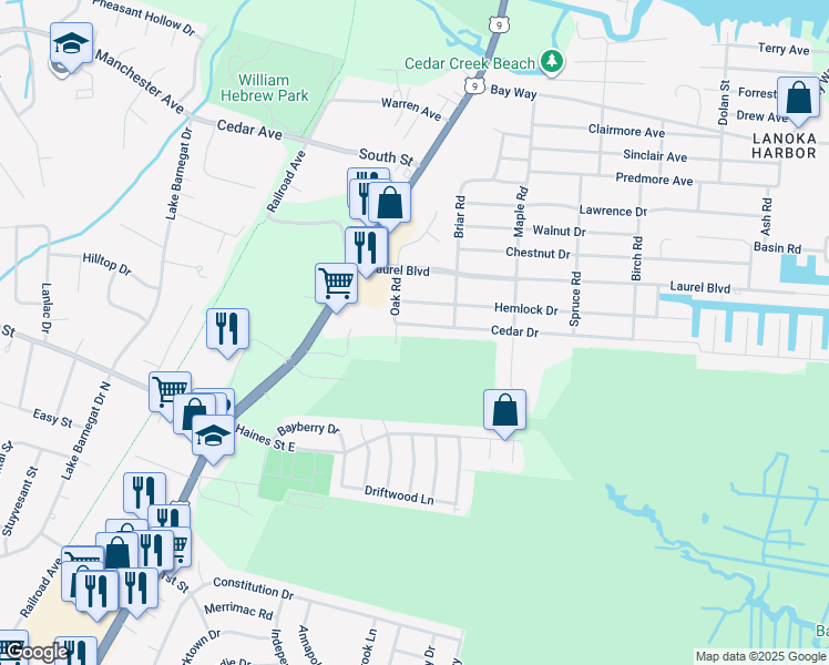 map of restaurants, bars, coffee shops, grocery stores, and more near 17 Cedar Drive in Lacey Township