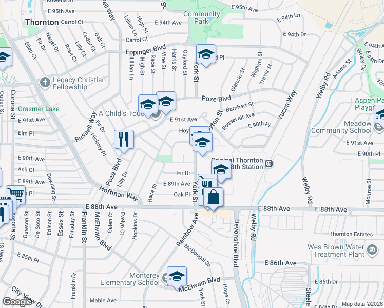 map of restaurants, bars, coffee shops, grocery stores, and more near 8981 York Street in Thornton
