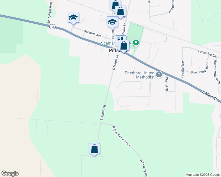 map of restaurants, bars, coffee shops, grocery stores, and more near 235 South Woodridge Drive in Pittsboro