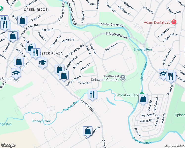 map of restaurants, bars, coffee shops, grocery stores, and more near 2118 South Bent Lane in Aston
