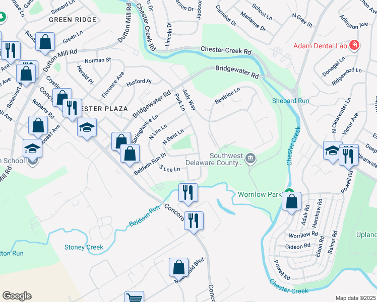 map of restaurants, bars, coffee shops, grocery stores, and more near 2118 South Bent Lane in Aston