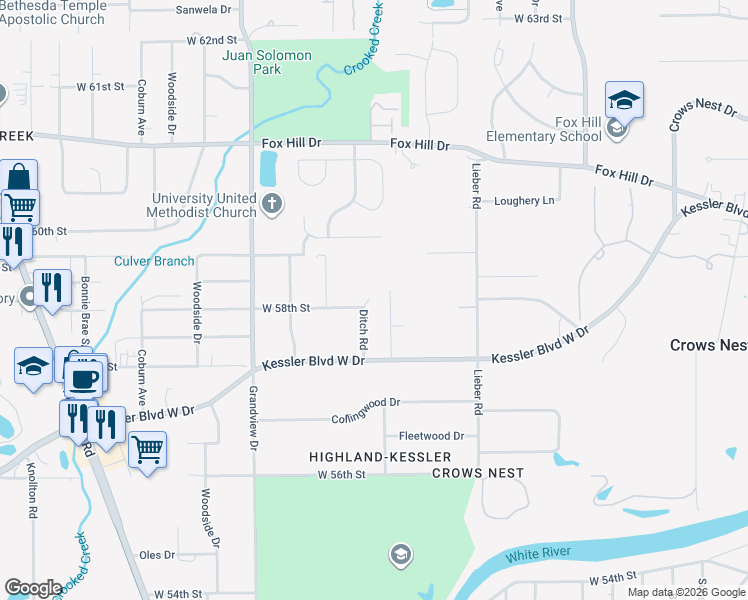 map of restaurants, bars, coffee shops, grocery stores, and more near 5835 Ditch Road in Indianapolis