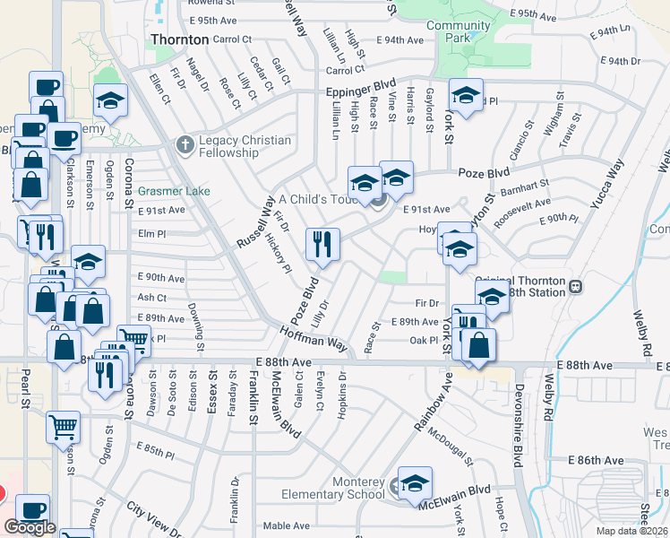 map of restaurants, bars, coffee shops, grocery stores, and more near 8990 Lilly Drive in Thornton