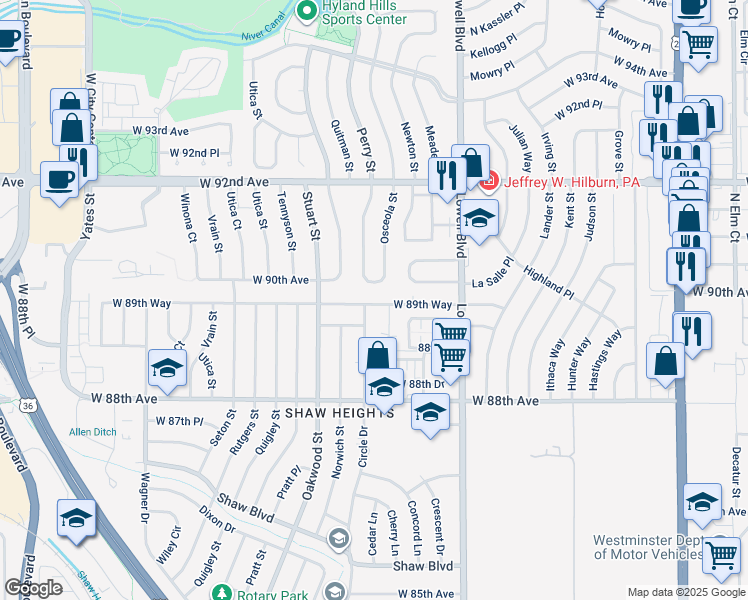 map of restaurants, bars, coffee shops, grocery stores, and more near 8973 Mccoy Place in Westminster