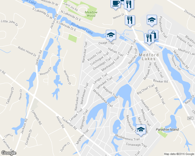 map of restaurants, bars, coffee shops, grocery stores, and more near 96 Lenape Trail in Medford