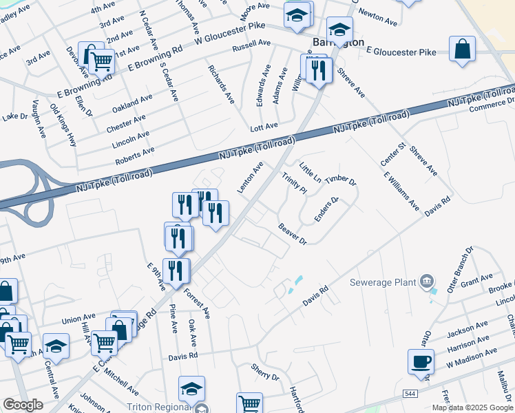 map of restaurants, bars, coffee shops, grocery stores, and more near 5 Barr Drive in Barrington