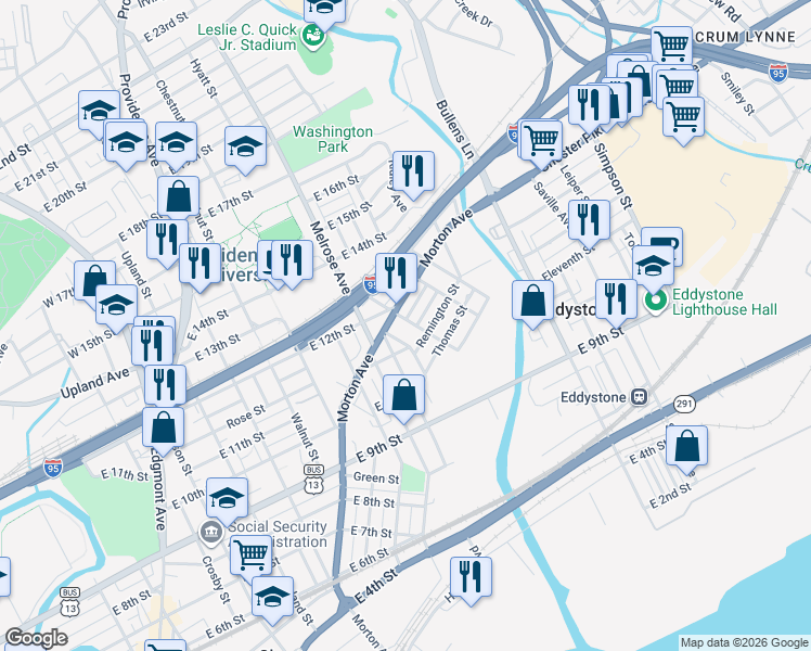 map of restaurants, bars, coffee shops, grocery stores, and more near 1106 Johnson Street in Chester