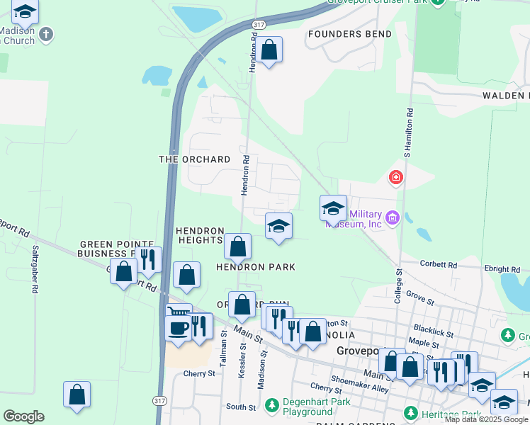 map of restaurants, bars, coffee shops, grocery stores, and more near 5124 Hendron Road in Groveport