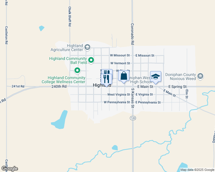 map of restaurants, bars, coffee shops, grocery stores, and more near 422 West Main Street in Highland