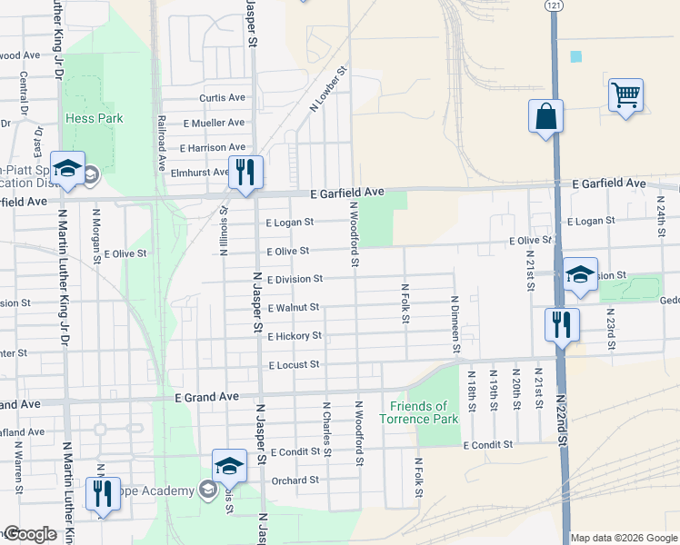 map of restaurants, bars, coffee shops, grocery stores, and more near 1450 East Division Street in Decatur