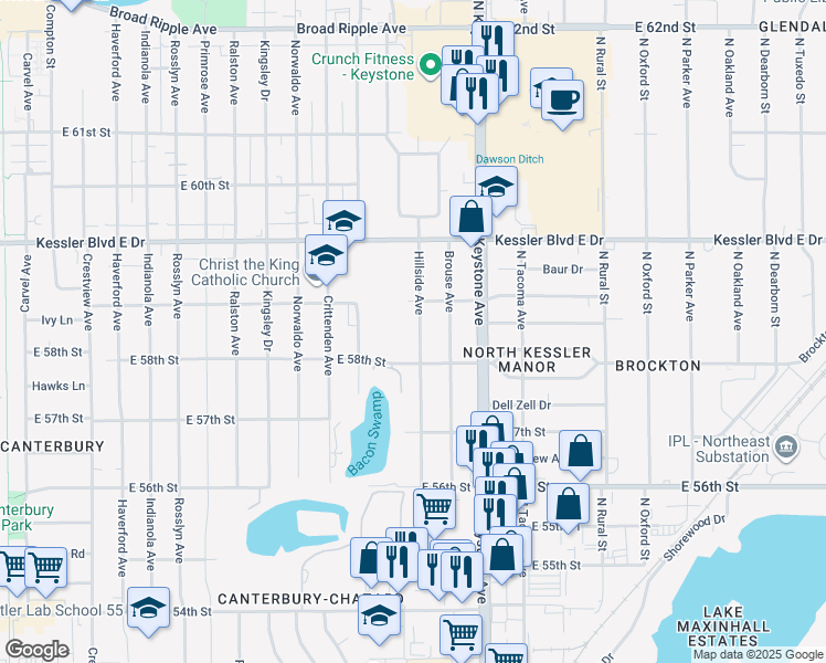 map of restaurants, bars, coffee shops, grocery stores, and more near 5824 Hillside Avenue in Indianapolis