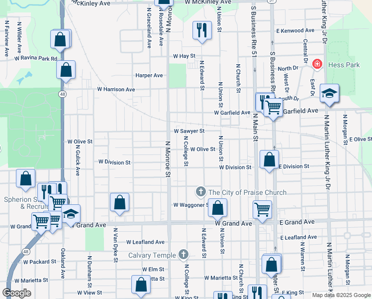 map of restaurants, bars, coffee shops, grocery stores, and more near 501 West Olive Street in Decatur