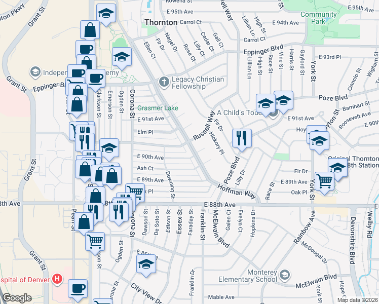 map of restaurants, bars, coffee shops, grocery stores, and more near 1331 East 90th Avenue in Thornton