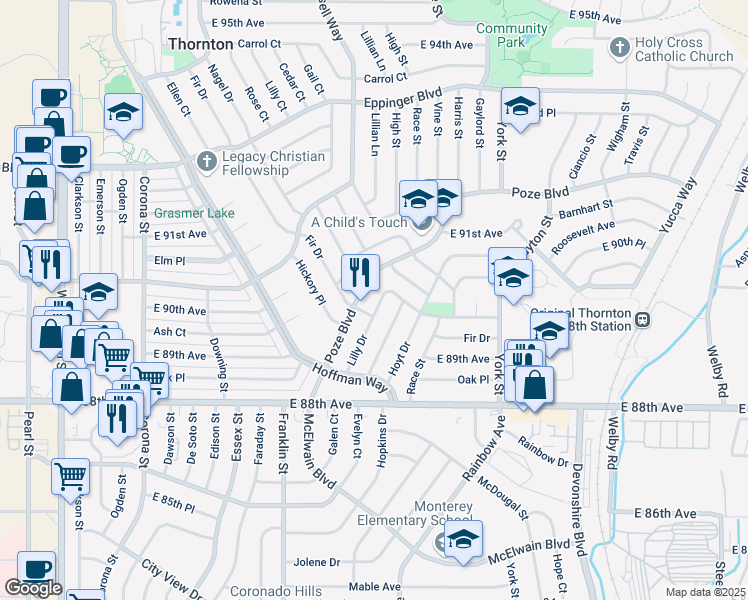 map of restaurants, bars, coffee shops, grocery stores, and more near 8990 Lilly Drive in Thornton