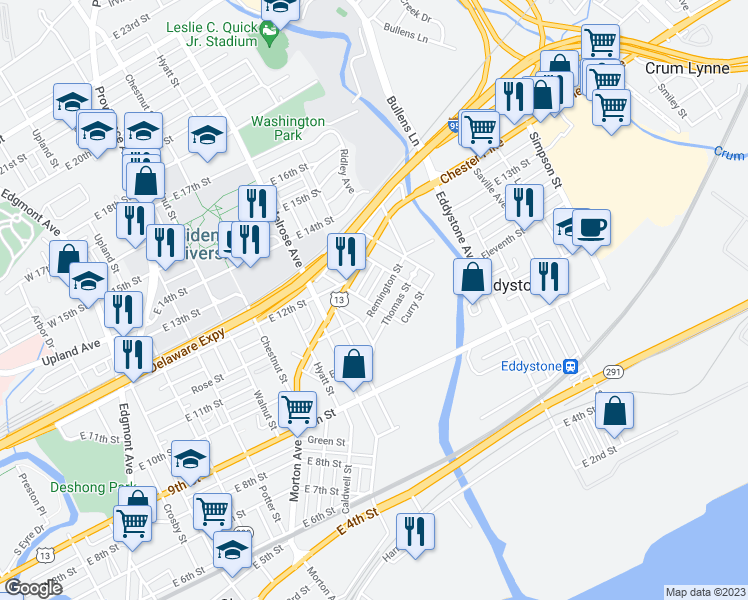 map of restaurants, bars, coffee shops, grocery stores, and more near 1102 Remington Street in Chester