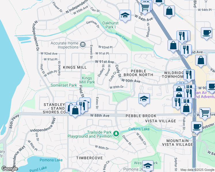 map of restaurants, bars, coffee shops, grocery stores, and more near 8949 Cody Court in Westminster