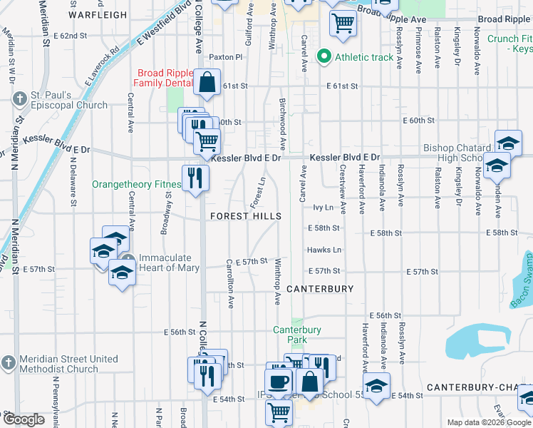 map of restaurants, bars, coffee shops, grocery stores, and more near 938 East 58th Street in Indianapolis