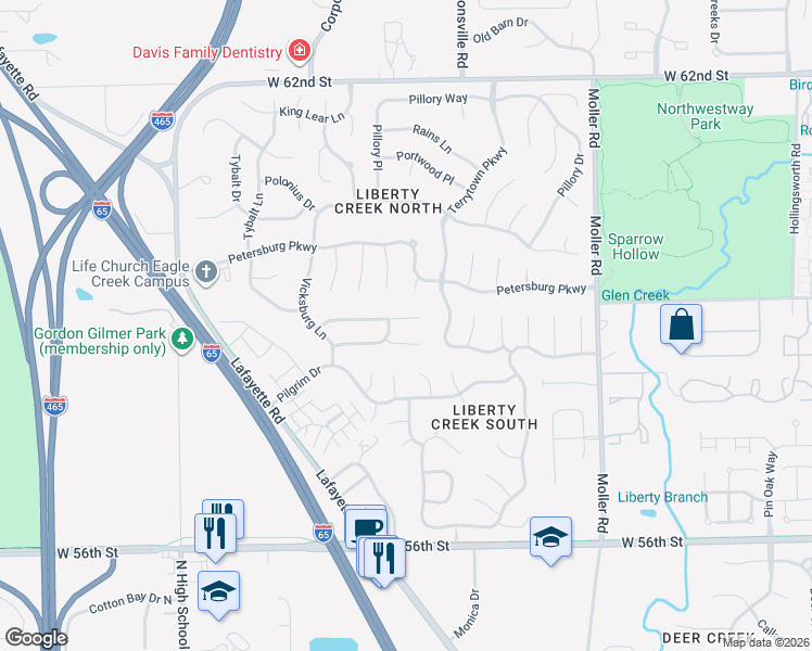 map of restaurants, bars, coffee shops, grocery stores, and more near 5725 Blackley Lane in Indianapolis
