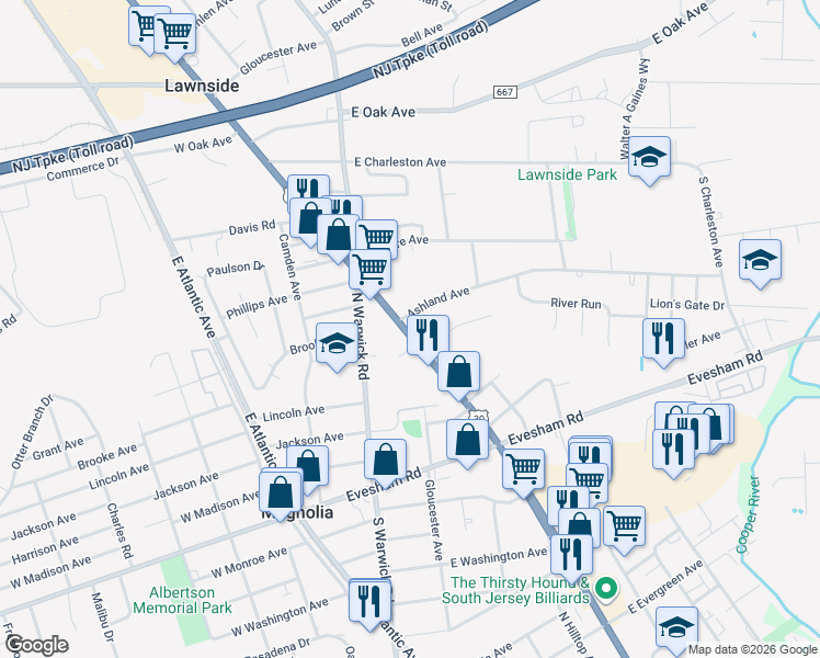 map of restaurants, bars, coffee shops, grocery stores, and more near 423 U.S. 30 in Magnolia