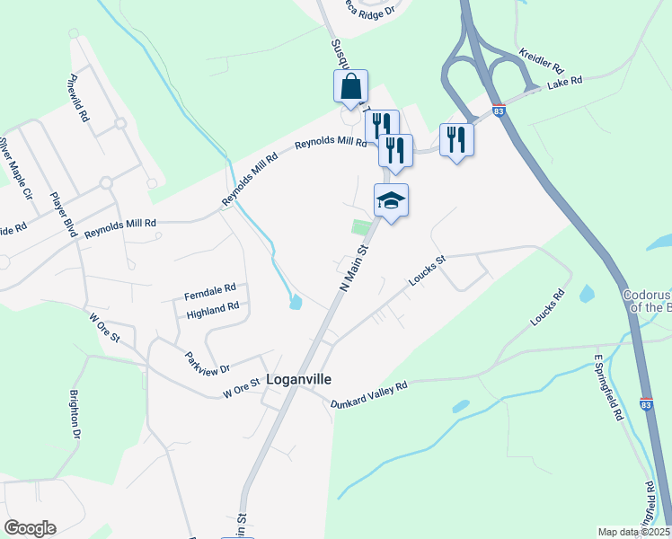 map of restaurants, bars, coffee shops, grocery stores, and more near 132 North Main Street in York