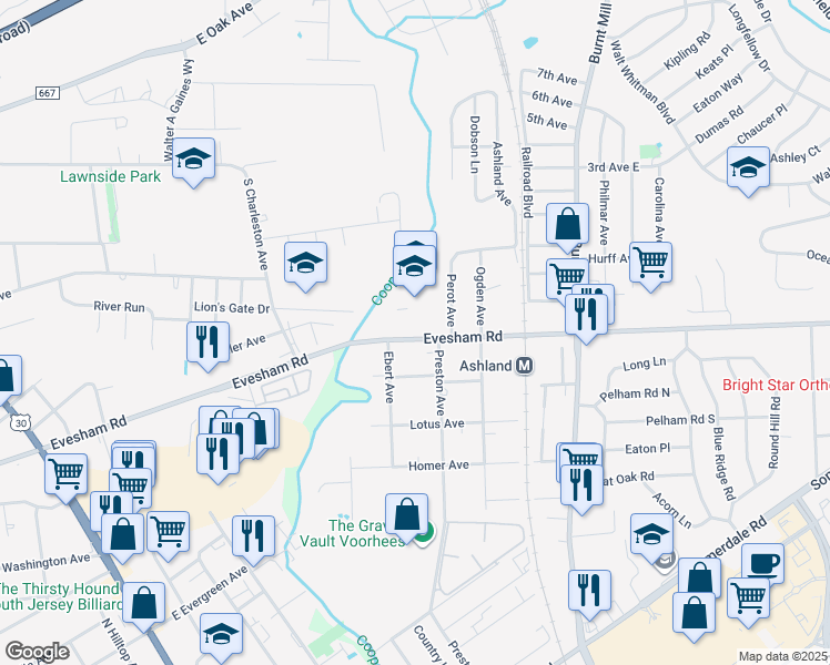 map of restaurants, bars, coffee shops, grocery stores, and more near 210 West Evesham Road, Evesham Road West in Cherry Hill