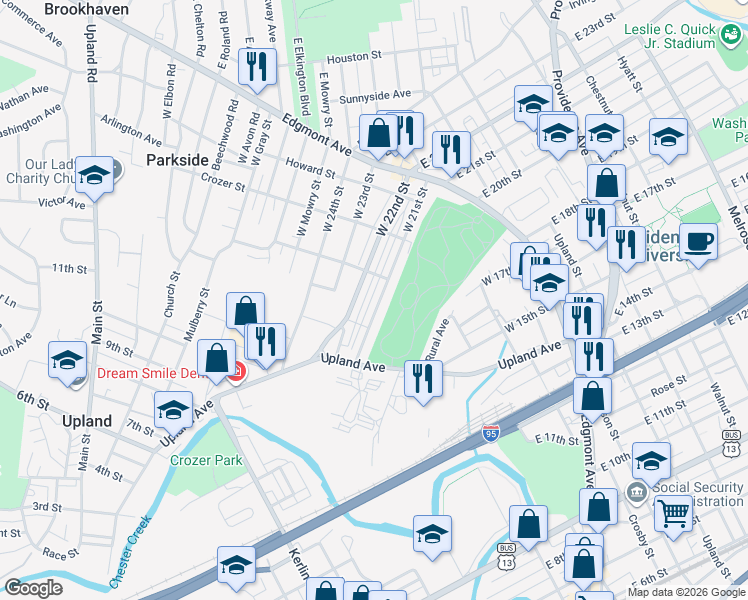 map of restaurants, bars, coffee shops, grocery stores, and more near 345 West 22nd Street in Chester