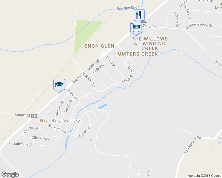 map of restaurants, bars, coffee shops, grocery stores, and more near 7873 Kings Ridge Circle in Fairborn