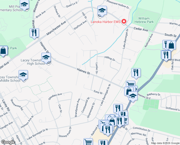 map of restaurants, bars, coffee shops, grocery stores, and more near 60 Haines Street in Lacey Township