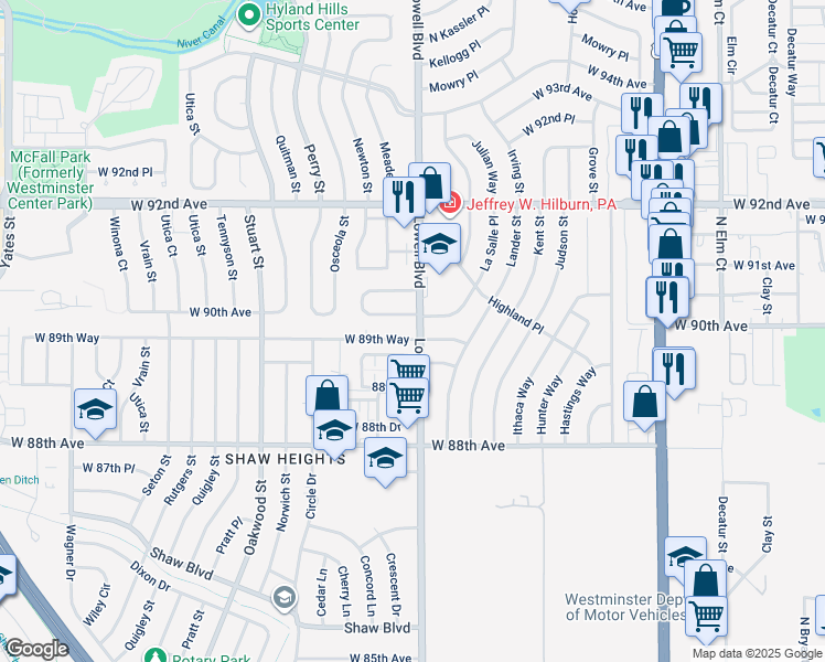 map of restaurants, bars, coffee shops, grocery stores, and more near 3629 91st Avenue in Westminster
