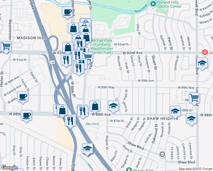 map of restaurants, bars, coffee shops, grocery stores, and more near 4722 West 89th Way in Westminster